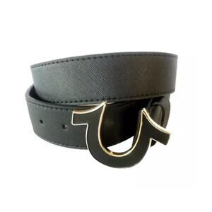 True Religion Mens Belt Size 34 Sage II Enamel Horseshoe Black/Gold Buckle